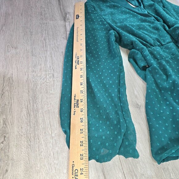 Green Polkadot Dress Sz XL A Line Chiffon Long Sleeve Flowy V Neck Tiered Mini - Picture 9 of 9